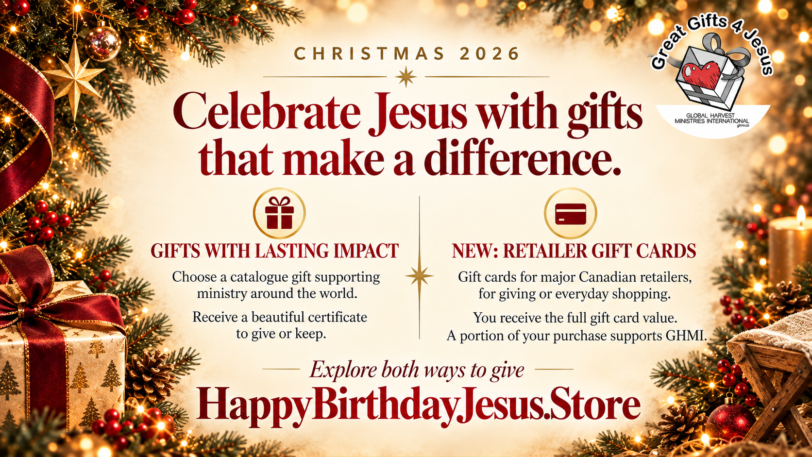 Christmas 2026 promotional slide: catalogue gifts with lasting impact, plus new retailer gift cards supporting GHMI.